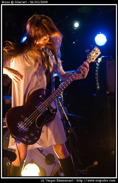 Mono @ Glaz'art Photo 5 - Mono Live in Paris @ Glaz'art for the "hymn to the immortal wind" tour. 2009-03-26.
Mono were founded in January 2000 by guitarist Takaakira Goto. The first member to join was fellow guitarist and long time friend Yoda. Soon afterwards the two guitarists linked up with bassist Tamaki and drummer Yasunori Takada.
All of Mono's songs are entirely instrumental, and Strings and pianos are also prominently featured in several songs.
In 2002, Mono finished their second album, One Step More and You Die. Many critics considered this as having a more distinctive sound than the preceding album.
Soon afterward, Mono moved on to a new project in direct response to the aftermath of September 11th. This album was titled New York Soundtracks and was recorded in collaboration with several important members of the New York experimental scene, such as DJ Olive, Jackie-O Motherfucker, and Loren Connors. New York Soundtracks consists of remixes of all of One Step More and You Die's tracks.
Following Soundtracks, Mono embarked on the production of their next album, Walking Cloud and Deep Red Sky, Flag Fluttered and the Sun Shined which was released on October 5, 2004. Following the release of this album, Mono began a lengthy world tour.
On June 24, 2006, Mono released their next album, You Are There. You Are There met similar success to Palmless Prayer / Mass Murder Refrain and was accompanied by worldwide tours throughout 2006 and 2007.
Mono, like most bands associated with the underground music scene, tries to maintain a strong relationship with their fans. Goto, in a recent interview with Semtex Magazine, pointed out that for Mono, promotion is not a priority, they tour "to meet the crowd". 20090326_Mono_04.jpg