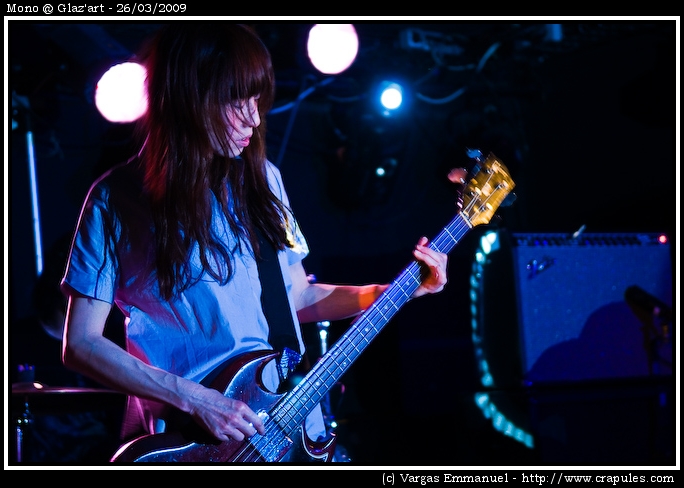 Mono @ Glaz'art Photo 3 - Mono Live in Paris @ Glaz'art for the "hymn to the immortal wind" tour. 2009-03-26.
Mono were founded in January 2000 by guitarist Takaakira Goto. The first member to join was fellow guitarist and long time friend Yoda. Soon afterwards the two guitarists linked up with bassist Tamaki and drummer Yasunori Takada.
All of Mono's songs are entirely instrumental, and Strings and pianos are also prominently featured in several songs.
In 2002, Mono finished their second album, One Step More and You Die. Many critics considered this as having a more distinctive sound than the preceding album.
Soon afterward, Mono moved on to a new project in direct response to the aftermath of September 11th. This album was titled New York Soundtracks and was recorded in collaboration with several important members of the New York experimental scene, such as DJ Olive, Jackie-O Motherfucker, and Loren Connors. New York Soundtracks consists of remixes of all of One Step More and You Die's tracks.
Following Soundtracks, Mono embarked on the production of their next album, Walking Cloud and Deep Red Sky, Flag Fluttered and the Sun Shined which was released on October 5, 2004. Following the release of this album, Mono began a lengthy world tour.
On June 24, 2006, Mono released their next album, You Are There. You Are There met similar success to Palmless Prayer / Mass Murder Refrain and was accompanied by worldwide tours throughout 2006 and 2007.
Mono, like most bands associated with the underground music scene, tries to maintain a strong relationship with their fans. Goto, in a recent interview with Semtex Magazine, pointed out that for Mono, promotion is not a priority, they tour "to meet the crowd". 20090326_Mono_03.jpg